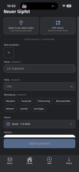 Vertimonte App: Neuen Gipfel mit Foto und Sportart eintragen