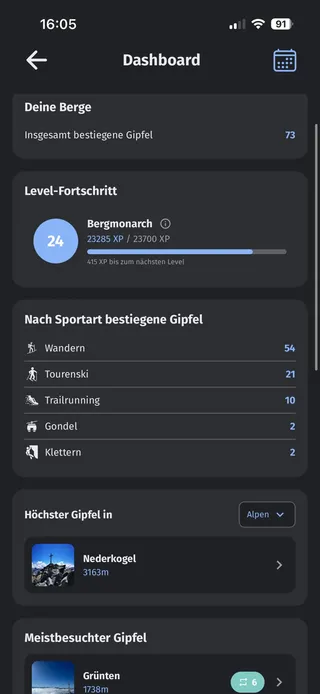 Vertimonte App: Dashboard mit Statistiken zu deinen Bergtouren